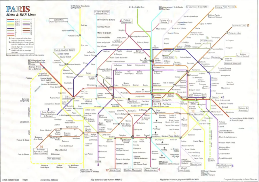 Map of the Paris Metro and RER lines, the network modelled as a graph in this project